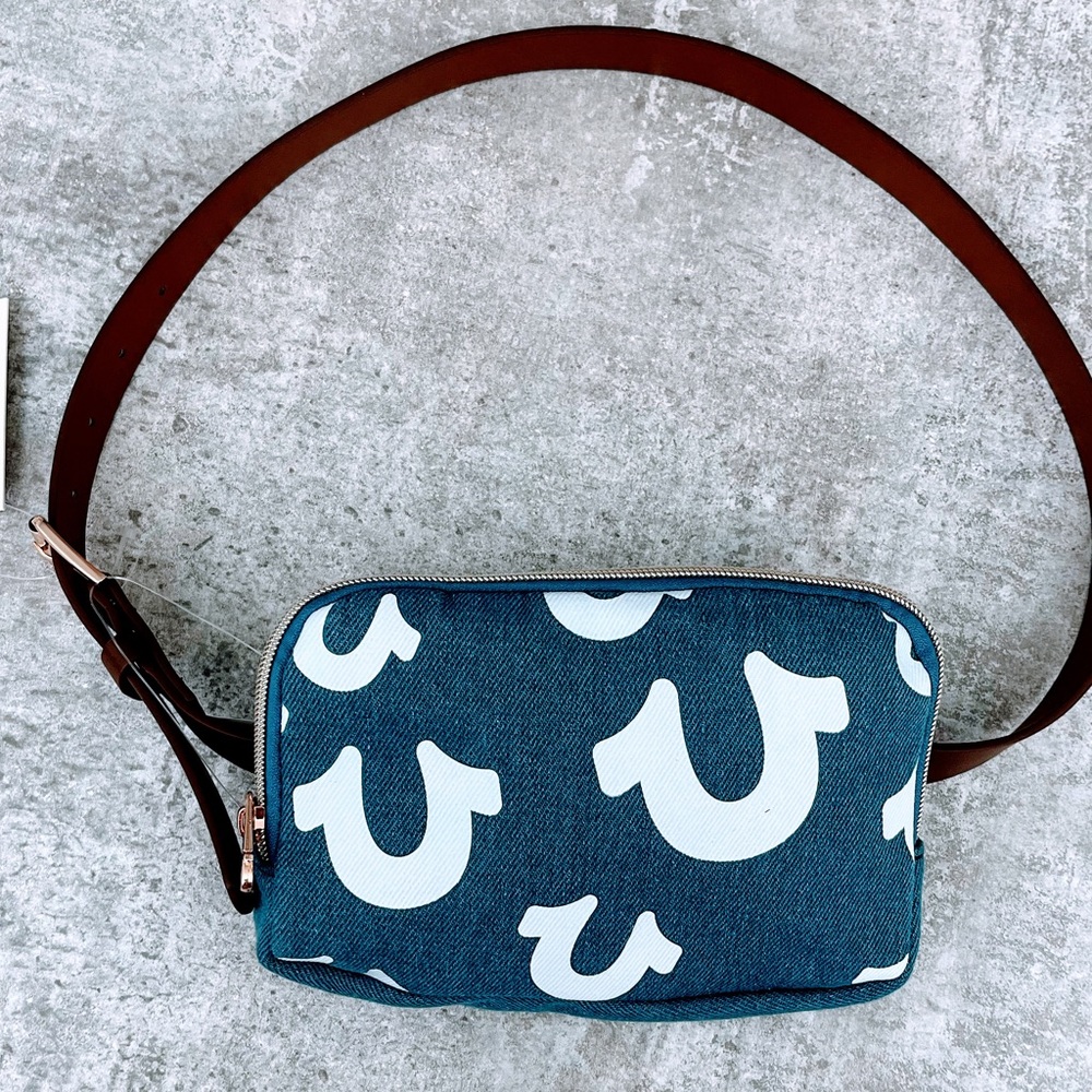 🔥LAST ONE LEFT!💕TRUE RELIGION Blue/White Jean Fanny - M/L detach Brwn belt UNI.